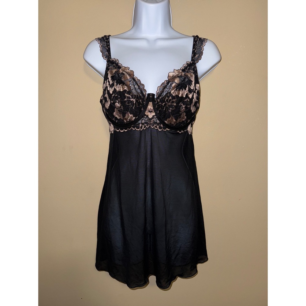 Auden Black Copper Floral Lace Underwire Padded Babydoll Chemise Lingerie Medium